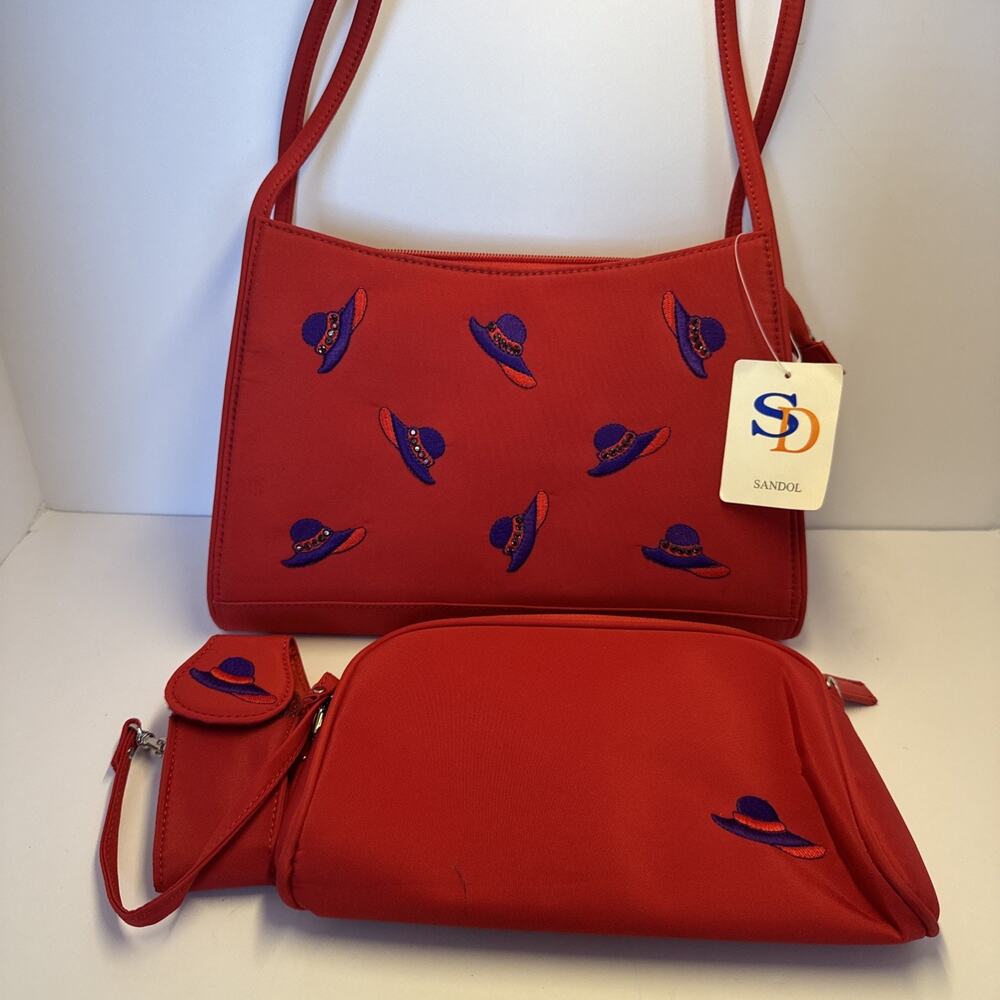 Sandol Red Hat Society 3 Pc Bag Set Handbag Pouch Phone Case NWT Purple Embroide